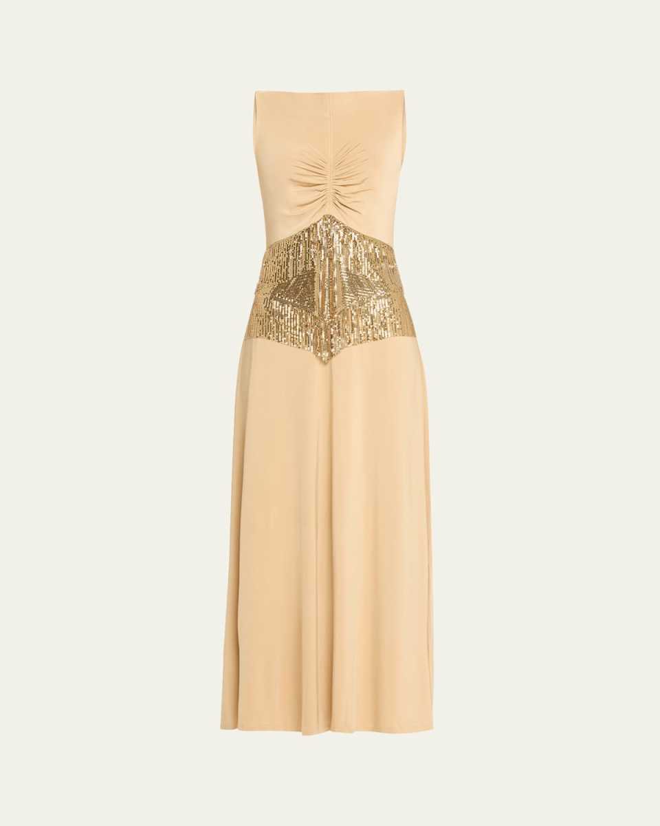 Crystal Chain Mesh Ruched Dress
